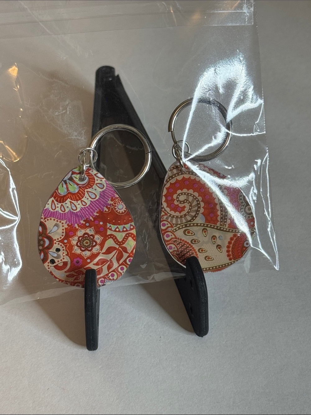 Pink & Orange boho double sided Paisley Teardrop Keychain Pair